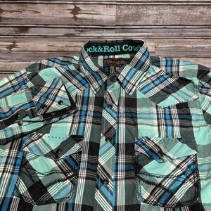 Rock & Roll Cowboy Western Shirt Mens Large Teal Plaid Snap Button Long Sleeve